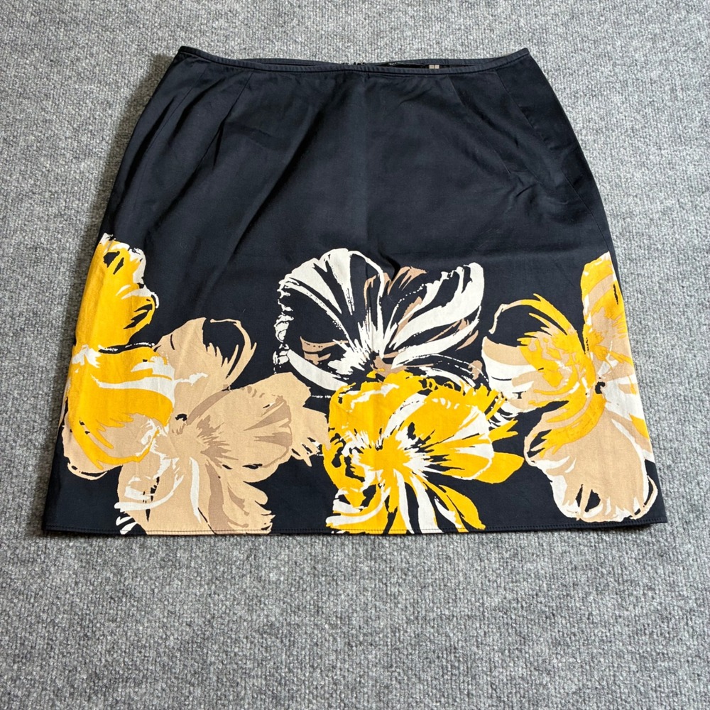 Tahari Floral Border Print Mini Skirt Womens 12 Black Yellow Cotton